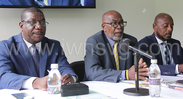 From left: Senator Israel Bruce, MP St. Clair Leacock and Fitz Bramble at the New Democratic Party's press conference in Kingstown on Wednesday, Feb. 21, 2023.