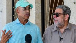 Prime Minister Ralph Gonsalves, right, and Terence Des Vignes, project manager at Sandals Resorts during a tour of the construction site of Sandals Beaches Resort in Buccament Bay on Jan. 30, 2024.
