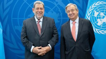 Secretary-General of the United Nations, Antonio Guterres, right, and Ralph Gonsalves, prime minister of St. Vincent and the Grenadines at the United Nations on Sept. 19, 2022. 