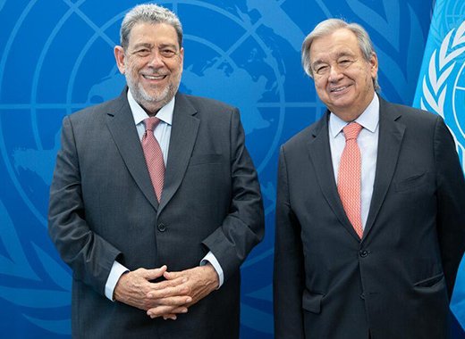 Secretary-General of the United Nations, Antonio Guterres, right, and Ralph Gonsalves, prime minister of St. Vincent and the Grenadines at the United Nations on Sept. 19, 2022. 