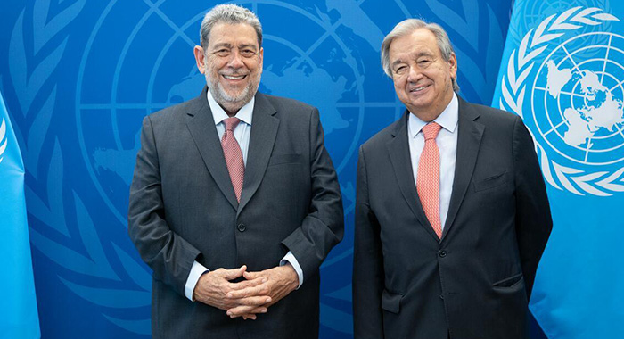Secretary-General of the United Nations, Antonio Guterres, right, and Ralph Gonsalves, prime minister of St. Vincent and the Grenadines at the United Nations on Sept. 19, 2022. 