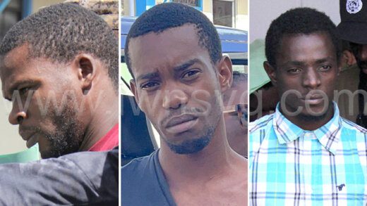 The suspects. From left: Ron Mitchell, Trevon Robertson and Atiba Stanislaus, all of Paradise, St. Andrew, Grenada, outside the Kingstown's Magistrate's Court in St. Vincent on Monday, Feb, 26, 2024.