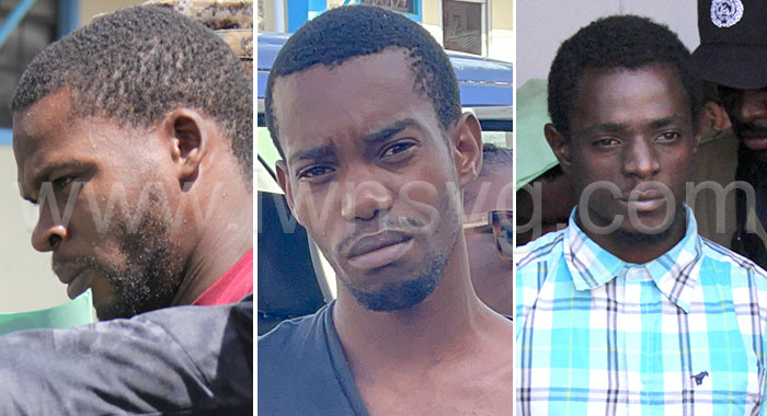 The suspects. From left: Ron Mitchell, Trevon Robertson and Atiba Stanislaus, all of Paradise, St. Andrew, Grenada, outside the Kingstown's Magistrate's Court in St. Vincent on Monday, Feb, 26, 2024.