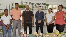 Minister of Agriculture and Fisheries, Saboto Caesar, third from left, if flanked by representatives of Sandals, Rayneau Industries and VincyFresh during a recent engagement with the state-owned Agency for Public Information. 