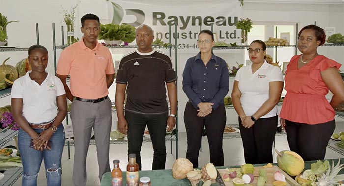 Minister of Agriculture and Fisheries, Saboto Caesar, third from left, if flanked by representatives of Sandals, Rayneau Industries and VincyFresh during a recent engagement with the state-owned Agency for Public Information. 