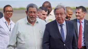 Prime Minister of St. Vincent and the Grenadines, Ralph Gonsalves, second left, and Secretary-General of the United Nations, Antonio Guterres at Argyle International Airport on Thursday, Feb. 29, 2024. (Photo: API/Facebook)