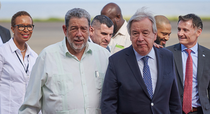 Prime Minister of St. Vincent and the Grenadines, Ralph Gonsalves, second left, and Secretary-General of the United Nations, Antonio Guterres at Argyle International Airport on Thursday, Feb. 29, 2024. (Photo: API/Facebook)