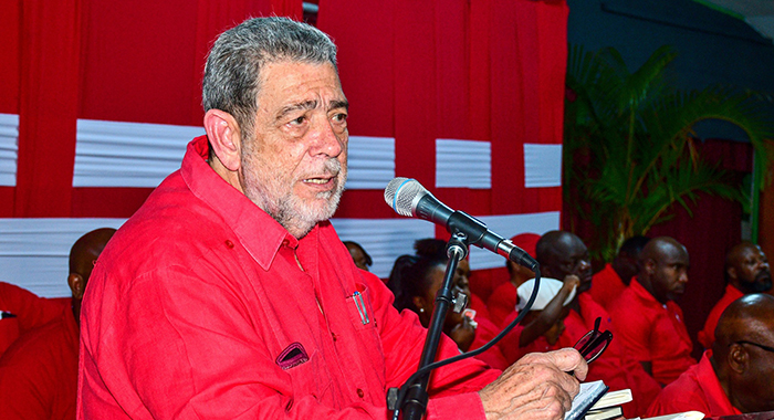 Prime Minister and Political Leader of the Unity Labour Party, Ralph Gonsalves at the party’s national council meeting in Kingstown on Tuesday, March 19, 2024. (Photo: Lance Neverson/Facebook)