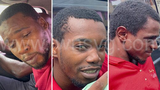 The defendants, from left, Ron Mitchell, Trevon Robertson and Atiba Stanislaus outside the Kingstown Magistrate’s Court on Monday, March 4, 2024.