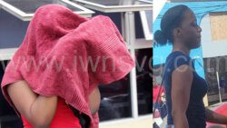 The defendant, Tasheca Bacchus, seen at right in an undated photo in Kingstown, uses a towel, right, to hide her face as she leaves the Kingstown Magistrate's Court on Monday, March 4, 2024.