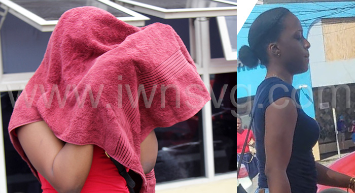 The defendant, Tasheca Bacchus, seen at right in an undated photo in Kingstown, uses a towel, right, to hide her face as she leaves the Kingstown Magistrate's Court on Monday, March 4, 2024.