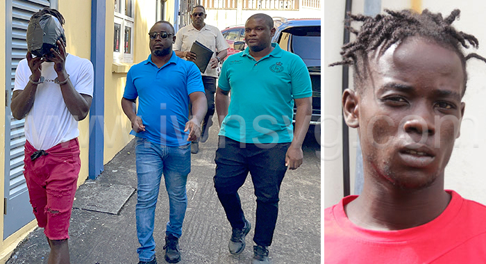 Murder accused Aldon Thomas, left, used a plastic bag to hide his face as he is escorted to court on Thursday, April 11, 2024. In the insert, right, he is photographed in December 2019.