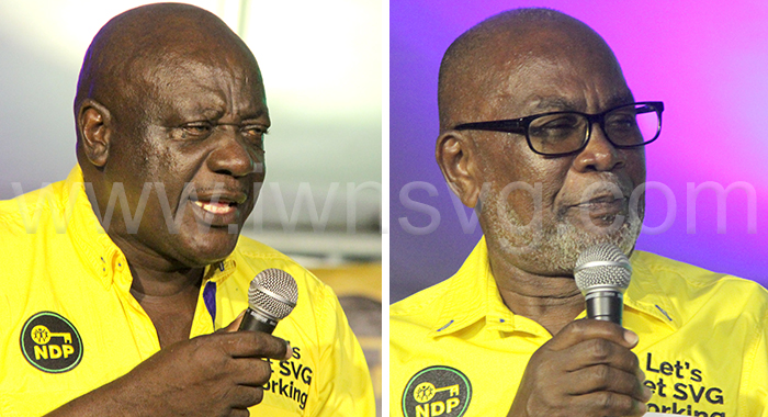 Andrew John, the opposition New Democratic Party’s candidate for the South Windward, left, and Central Kingstown MP, St. Clair Leacock in March 9, 2024 photos.