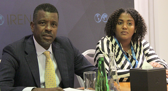 Dominica’s Minister of Energy, Vince Henderson and his Vincentian counterpart, Benarva Browne, speaking to the media in Abu Dhabi on Tuesday, April 16, 2024. (CMC photo).