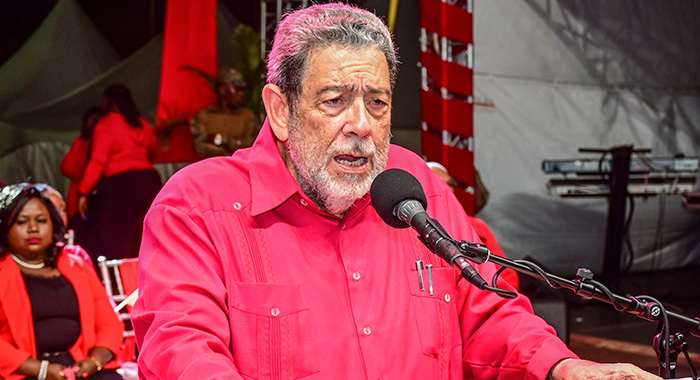 Prime Minister Ralph Gonsalves speaking at the Unity Labour Party's celebration rally in Arnos Vale on April 7, 2024. (Photo: Lance Neverson/Facebook)