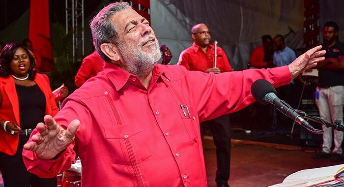 Prime Minister Ralph Gonsalves speaking at Unity Labour Party's 23rd anniversary rally in Arnos Vale on Sunday, April 6, 2024. (Photo: Lance Neverson/Facebook)