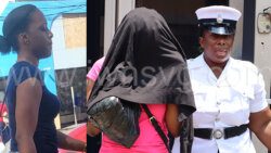 The defendant, Tasheca Bacchus, seen in an undated photo at left, hides her face as she is escorted to prison on Tuesday, April 2, 2024.