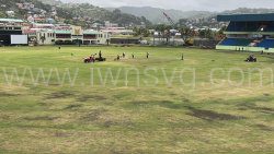 Work on Arnos Vale Sports Complex on May 9, 2024, in preparation for the Cricket World Cup in June. 