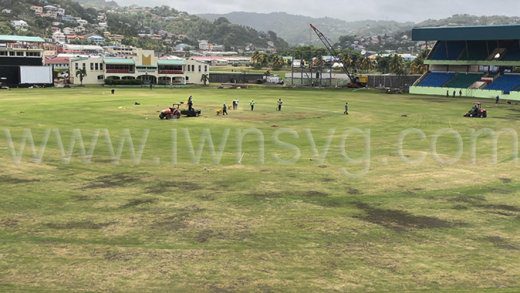 Work on Arnos Vale Sports Complex on May 9, 2024, in preparation for the Cricket World Cup in June. 