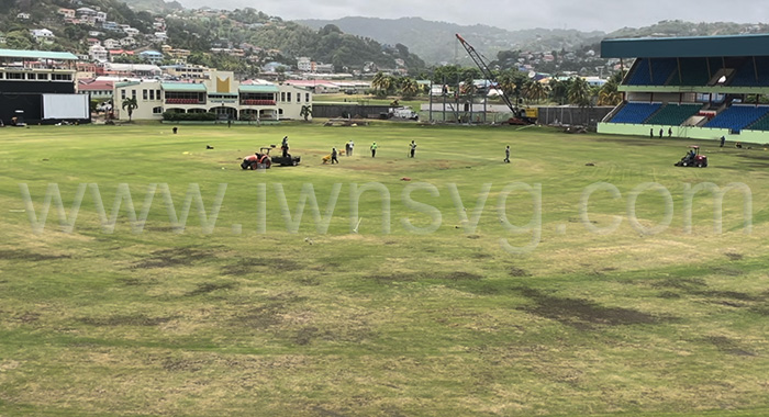 Work on Arnos Vale Sports Complex on May 9, 2024, in preparation for the Cricket World Cup in June. 
