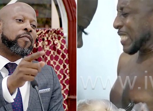 MP for North Leeward, Tourism Minister Carlos James, left, speaking in Parliament on Thursday, May 9, 2024, and MP for East Kingstown, opposition lawmaker Fitz Bramble in a screenshot from a video in which he swore as his nipple was being pierced. 