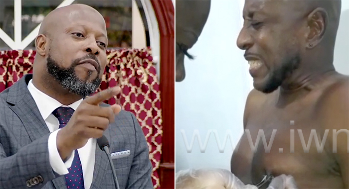 MP for North Leeward, Tourism Minister Carlos James, left, speaking in Parliament on Thursday, May 9, 2024, and MP for East Kingstown, opposition lawmaker Fitz Bramble in a screenshot from a video in which he swore as his nipple was being pierced. 