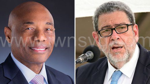 Former president of the Caribbean Development Bank, Hyginus “Gene" Leon, left, and Prime Minister of St. Vincent and the Grenadines, Ralph Gonsalves. 