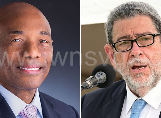 Former president of the Caribbean Development Bank, Hyginus “Gene" Leon, left, and Prime Minister of St. Vincent and the Grenadines, Ralph Gonsalves. 