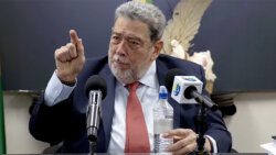Prime Minister Ralph Gonsalves speaking at a press conference in Kingstown on Monday, May 27, 2024.