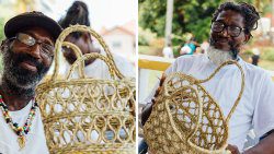 Craftsmen Garfield Nero, left, and Winston Nicholls shows a basket woven from vetiver grass.

