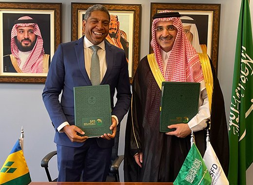 CEO of the Saudi Development Fund, Sultan Al-Marshad, right, signed development loan agreement worth US$50 million with the Minister of Finance of St. Vincent and the Grenadines, Camillo Gonsalves, to finance the Construction and Rehabilitation of Number of Buildings and Facilities Affected by Natural Disasters project, on the sidelines of the  Spring Meetings 
Of the World Bank in Washington on April 18, 2024. The loan agreement was brought to the Vincentian Parliament on Thursday, May 9, 2024. (Photo: SFD/Twitter)
