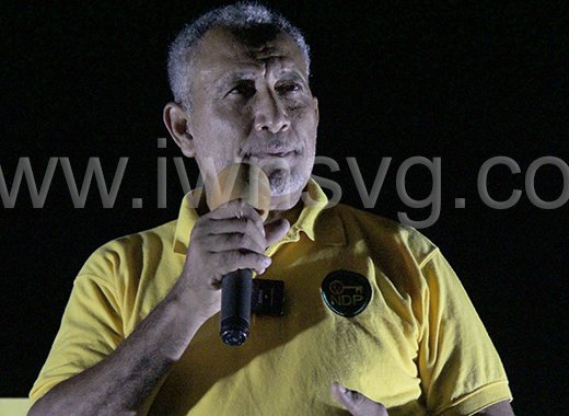 Opposition Leader Godwin Friday speaking at the NDP village meeting in Diamond on Saturday, June 8, 2024.