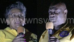 NDP East St. George and South Windward candidates, Laverne Gibson-Velox, right, and Andrew John at the party's village meeting in Diamond on June 8, 2024.