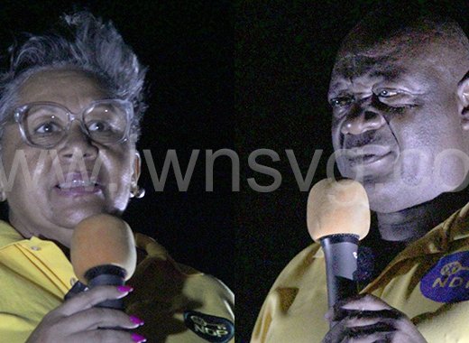 NDP East St. George and South Windward candidates, Laverne Gibson-Velox, right, and Andrew John at the party's village meeting in Diamond on June 8, 2024.