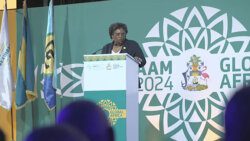 Prime Minister of Barbados, Mia Mottley addressing the 31st Afreximbank Annual Meeting and the Third AfriCaribbean Trade and Investment Forum in Nassau, Bahama on Thursday, June 13, 2024.