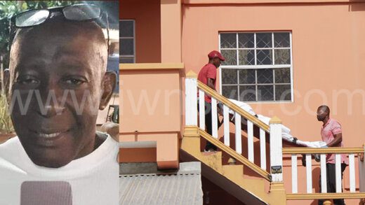 Funeral home employees remove the body of Osborne Glasgow aka Soca, 63, from his Harmony Hall home where burglars shot and killed him during a home invasion on Wednesday, June 26, 2024. 