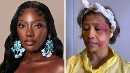 Miss SVG 2023, Arena Foy, left, and a sample of her make-up artistry in Taiwan.