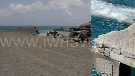 A composite image of June 3, 2023 photos showing the decade-old temporary wharf, left, and the damage to the original wharf in Canouan. 