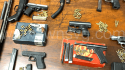 Illegal guns seized in St. Vincent and the Grenadines on display at a police press conference in the capital, Kingstown, on July 17, 2024.