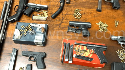 Illegal guns seized in St. Vincent and the Grenadines on display at a police press conference in the capital, Kingstown, on July 17, 2024.