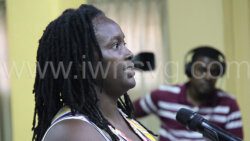 Evacuee Monica Jordon speaking at the consultation with Prime Minister Ralph Gonsalves in Kingstown on Wednesday, July 24, 2024.