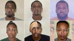 The accused. Clockwise from top left: Erasto Dasilva, Lemar Isaacs aka Chak, Esroy Jeffers aka Pirate, Rakiesha Joseph aka Bim Bim, Sharome Dopwell and Enrique John. John was shot and killed in Kingstown on Friday, April 10, 2026.
