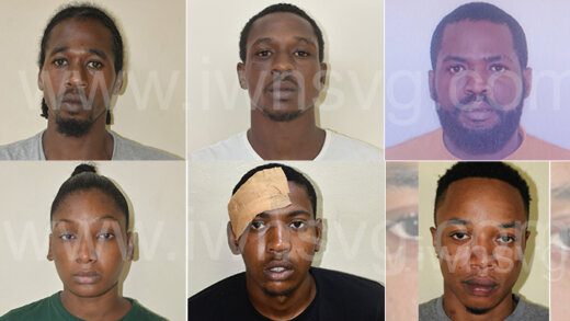 The accused. Clockwise from top left: Erasto Dasilva, Lemar Isaacs aka Chak, Esroy Jeffers aka Pirate, Rakiesha Joseph aka Bim Bim, Sharome Dopwell and Enrique John. 