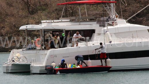 A yacht offloads relief supplies from Martinique in Mayreau on Tuesday, July 9, 2024.