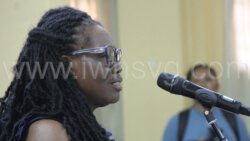 Evacuee Youster Snagg-Jack speaking at the consultation with Prime Minister Ralph Gonsalves in Kingstown on Wednesday, July 24, 2024.