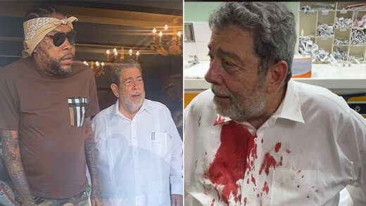 Prime Minister Ralph Gonsalves and Vybz Kartel in St. Vincent, left, and Gonsalves on Aug. 5, 2021.