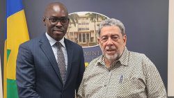 Okechukwu Ihejirika, Afreximbank’s Regional Chief Operating Officer, Caribbean Office, left, and Ralph Gonsalves, prime minister of St. Vincent and the Grenadines
 