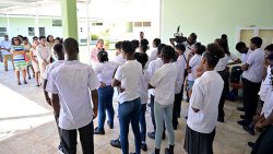 Prime Minister Ralph Gonsalves addresses students from Union Island at their temporary campus in Arnos Vale on Tuesday, Sept. 10, 2024. (Photo: Facebook/APISVG)
