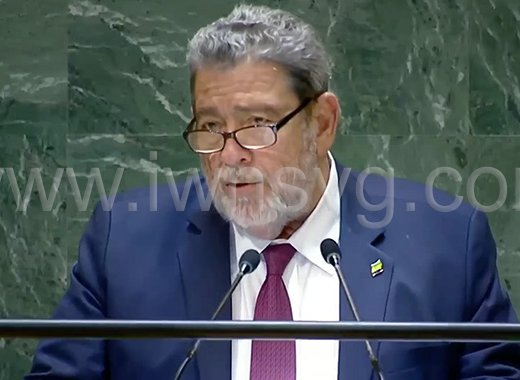Prime Minister Ralph Gonsalves speaking at the United Nations on Friday, Sept. 27, 2024.