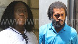 The defendants, Yvonne Patterson, left, and Fitzroy Douglas outside the Serious Offences Court on July 22, 2024.